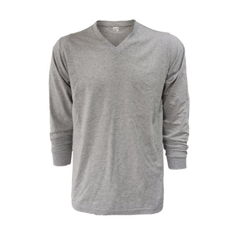 V Yaka Gri Uzun Kol T-Shirt