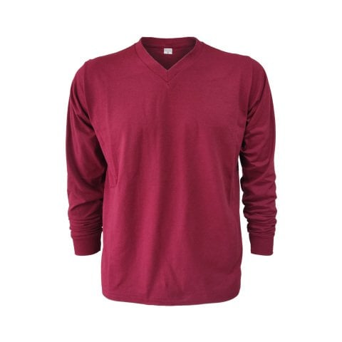 V Yaka Bordo Uzun Kol T-Shirt
