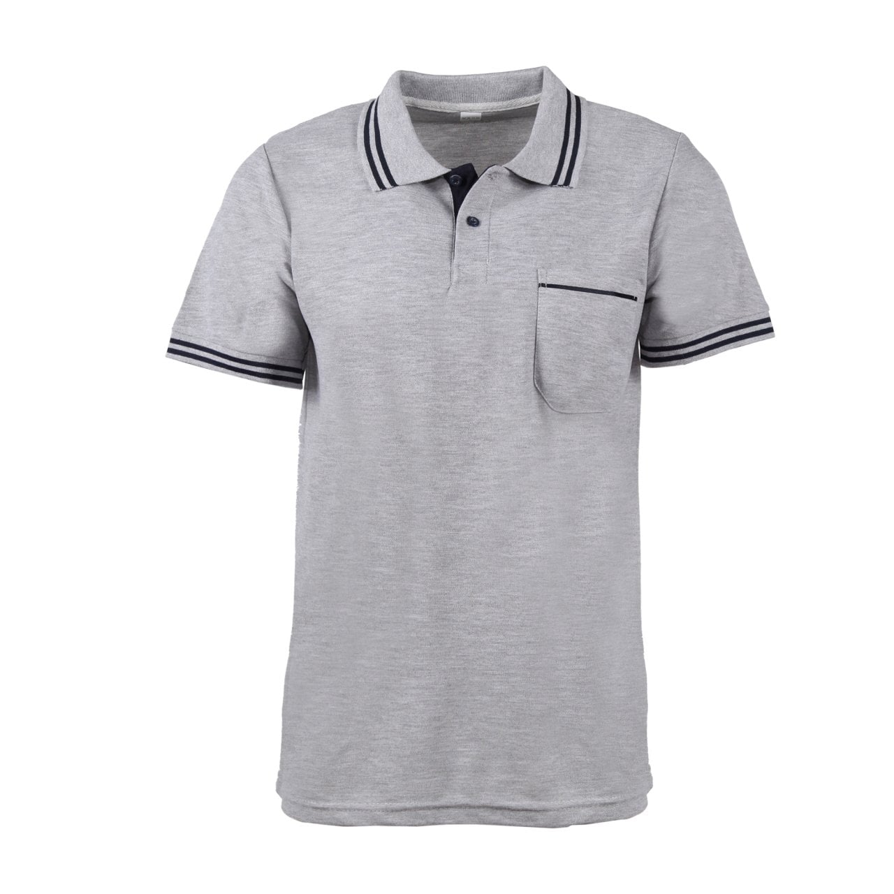 Polo Yaka Çizgili Cepli Melanj Gri Kısa Kol T-shirt